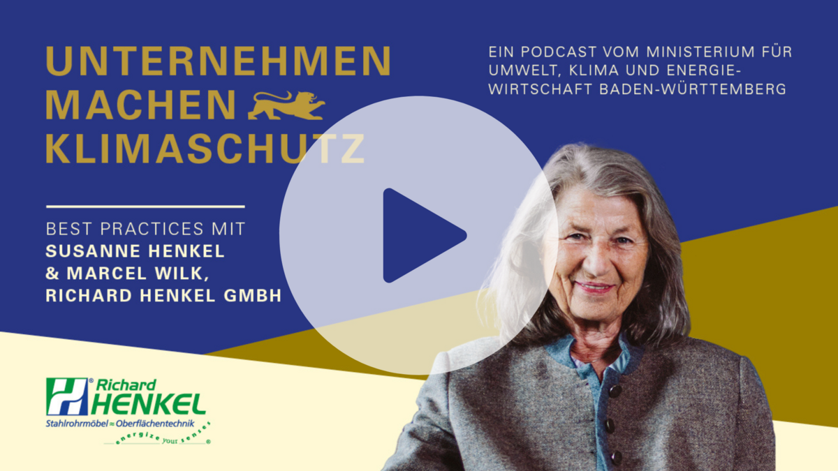 Podcast-Cover mit Bild von Susanne Henkel, darüber ein transparentes Play-Zeichen.