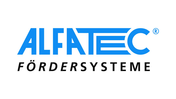 "Alfatec" in blauer Schrift auf weißem Hintergrund, darunter in schwarzen Buchstaben "Fördersysteme"