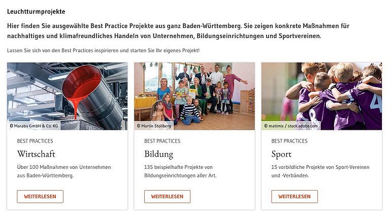 Von der Startseite der Webseite der Nachhaltigkeitsstrategie wird der Ausschnitt "Leuchtturmprojekte" dargestellt. Es handelt sich um 3 Boxen mit Bild und Text. Die erste Box kündigt die best practice Beispiele der Wirtschaft an, die zweite, die aus dem Bildungsbereiche und die dritte die Beispiele für den Sport. 