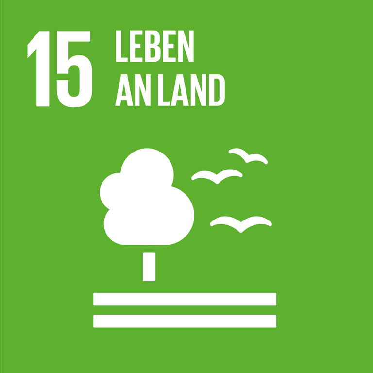 SDG 15 – Leben an Land Icon für SDG 15 Leben an Land, dargestellt wird ein Baum und drei Vögel auf zwei liegenden Balken auf grünem Hintergrund.