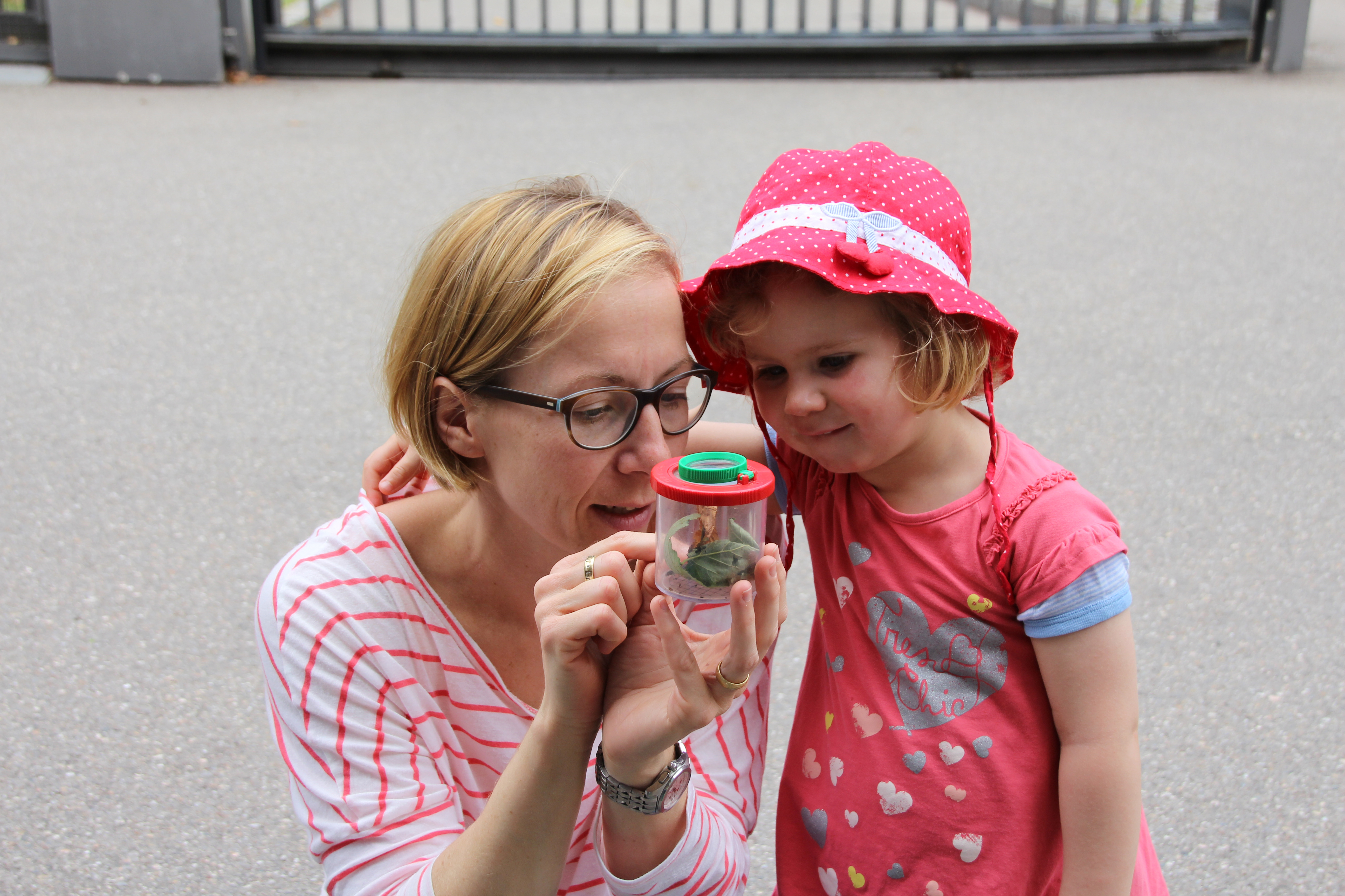 Nahaufnahme von einer Frau die einem Kind etwas in einem Insektenglas zeigt