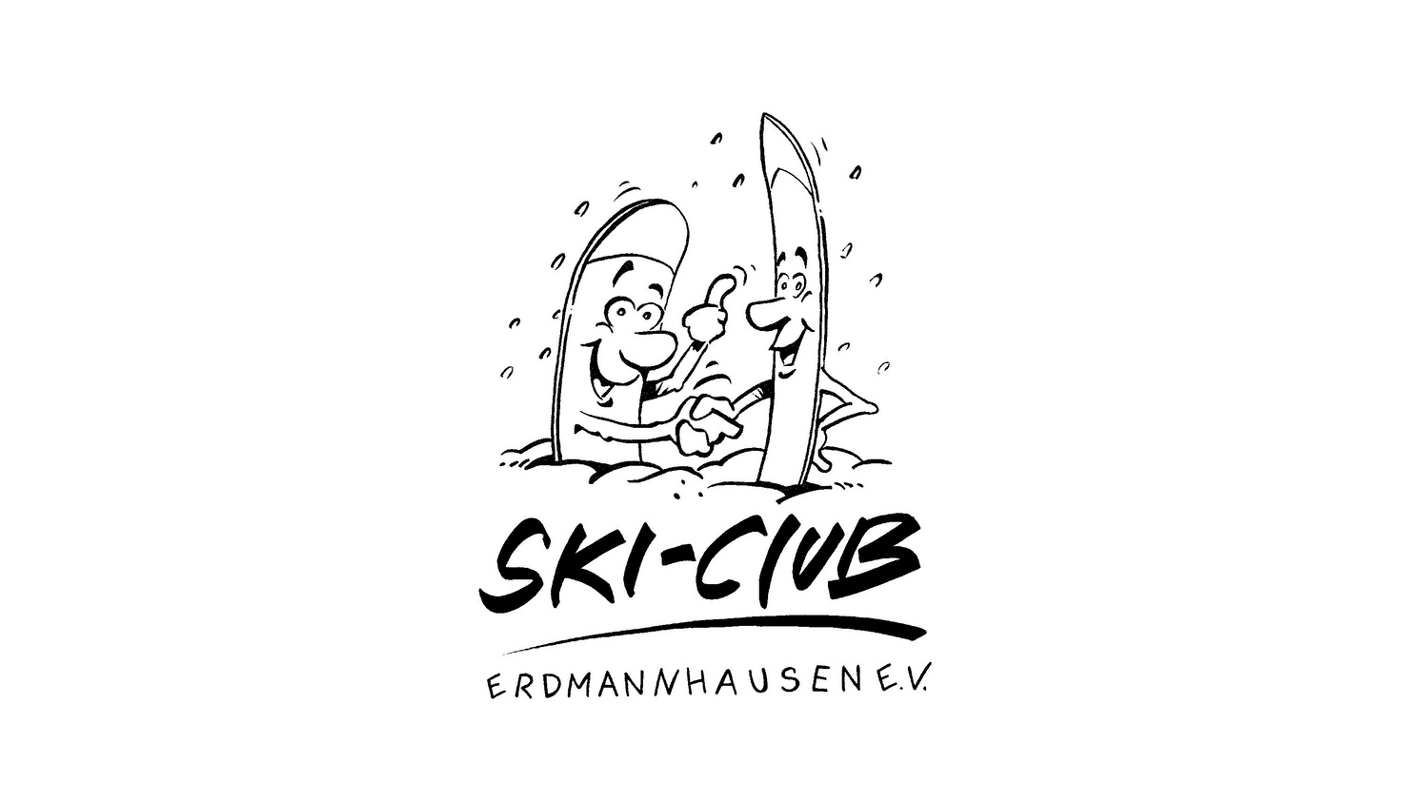 Logo des Ski Club Erdmannhausen: Zwei mit schwarz gezeichnete Ski mit Augen, Nase und Mund, darunter Schriftzug Ski-Club Erdmannhausen e.V.