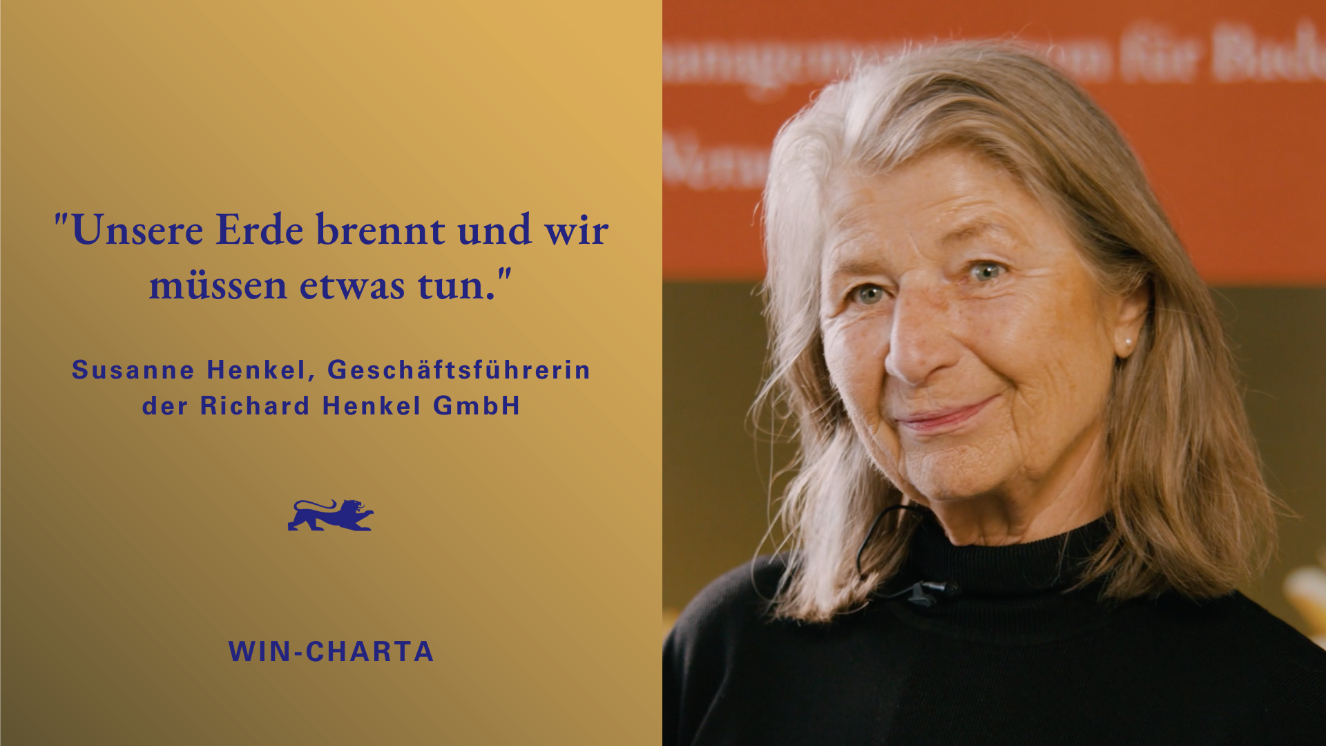 Dunkelblaue Schrift auf goldenem Hintergrund als Zitat "Unsere Erde brennt und wir müssen etwas  tun", daneben ein Bild von Susanne Henkel.