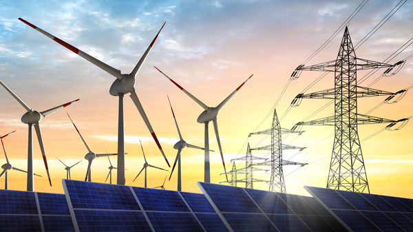 Solaranlagen, Windräder und Netze repräsentieren die Energiewende