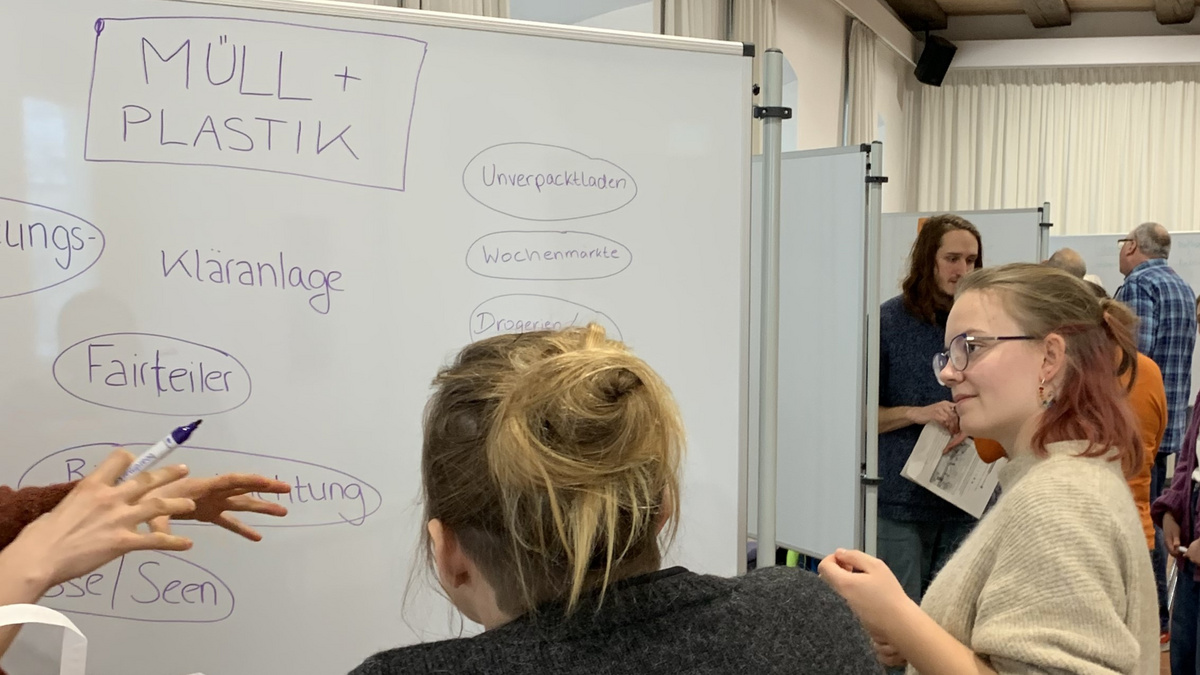 Teilnehmende diskutieren vor einer Whiteboard